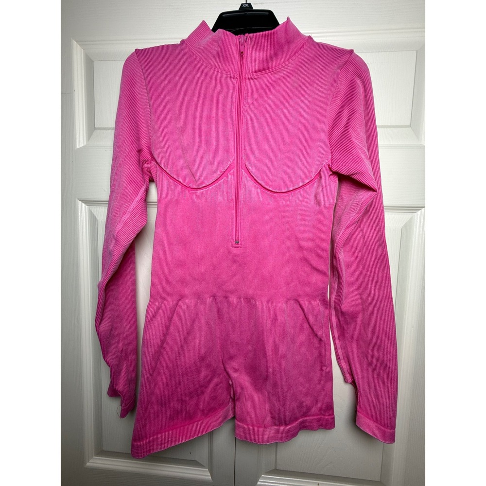 Massmode Women Pink Ribbed Long‎ Sleeve Quarter Zip Romper XL